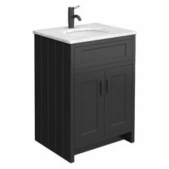 Chatsworth Graphite 610mm Vanity With White Marble Basin Top + Matt Black Handles