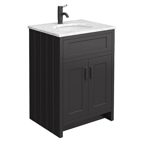 Chatsworth Graphite 610mm Vanity With White Marble Basin Top + Matt Black Handles 1 Chatsworth Graphite 610mm Vanity With White Marble Basin Top + Matt Black Handles