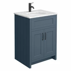 Chatsworth Blue 610mm Vanity With White Marble Basin Top + Matt Black Handles