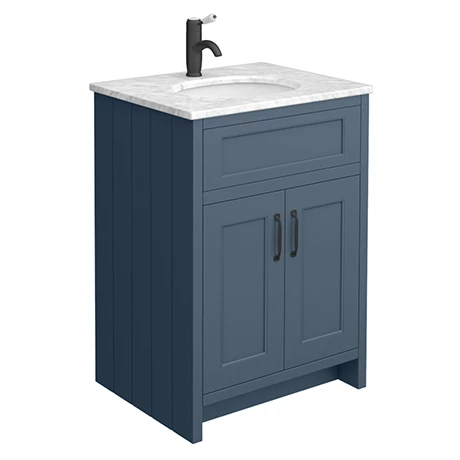Chatsworth Blue 610mm Vanity With White Marble Basin Top + Matt Black Handles 1 Chatsworth Blue 610mm Vanity With White Marble Basin Top + Matt Black Handles