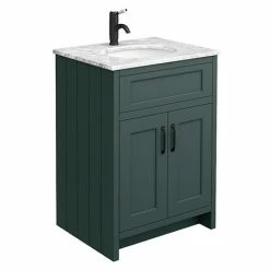 Chatsworth Green 610mm Vanity With White Marble Basin Top + Matt Black Handles