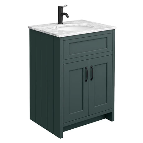 Chatsworth Green 610mm Vanity With White Marble Basin Top + Matt Black Handles 1 Chatsworth Green 610mm Vanity With White Marble Basin Top + Matt Black Handles