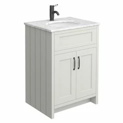 Chatsworth Grey 610mm Vanity With White Marble Basin Top + Matt Black Handles