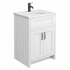 Chatsworth White 610mm Vanity With White Marble Basin Top + Matt Black Handles