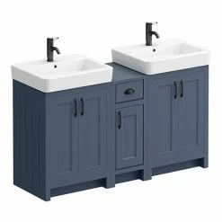 Chatsworth Traditional Blue Double Basin Vanity + Cupboard Combination Unit With Matt Black Handles