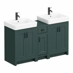 Chatsworth Traditional Green Double Basin Vanity + Cupboard Combination Unit With Matt Black Handles