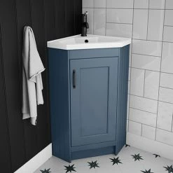 Chatsworth Traditional Blue Corner Vanity Unit With Matt Black Handle
