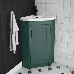 Chatsworth Traditional Green Corner Vanity Unit With Matt Black Handle