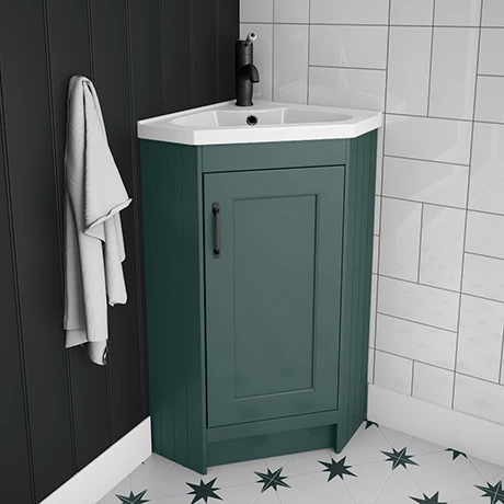 Chatsworth Traditional Green Corner Vanity Unit With Matt Black Handle 1 Chatsworth Traditional Green Corner Vanity Unit With Matt Black Handle