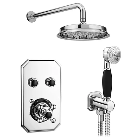 Chatsworth 1928 Black Traditional Push-Button Shower Valve Pack With Handset + Rainfall Shower Head 1 Chatsworth 1928 Black Traditional Push-Button Shower Valve Pack With Handset + Rainfall Shower Head