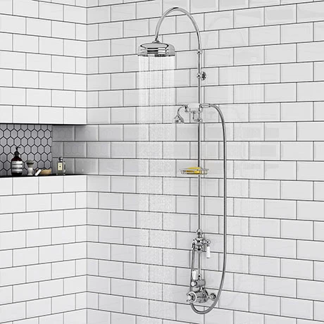 Chatsworth 1928 Traditional Exposed Valve Inc. Deluxe Arching Riser Kit, Diverter, 8" Rose + Handset 1 Chatsworth 1928 Traditional Exposed Valve Inc. Deluxe Arching Riser Kit, Diverter, 8" Rose + Handset