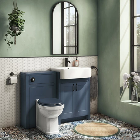 Chatsworth Traditional Blue Semi-Recessed Vanity Unit W. Matt Black Handles + Toilet Package 1 Chatsworth Traditional Blue Semi-Recessed Vanity Unit W. Matt Black Handles + Toilet Package