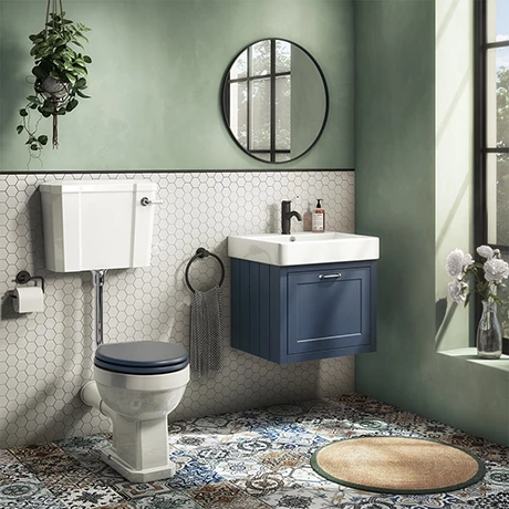Chatsworth Wall Hung Blue Vanity With Chrome Handle & Low Level Toilet 1 Chatsworth Wall Hung Blue Vanity With Chrome Handle & Low Level Toilet