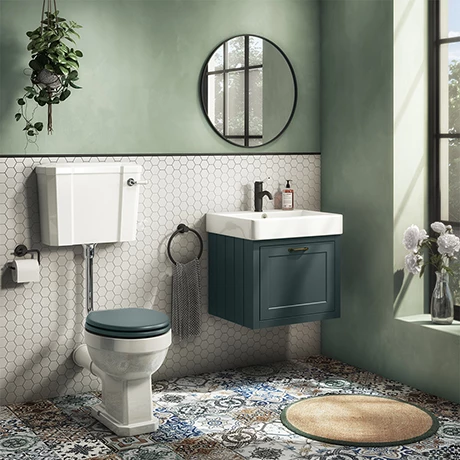 Chatsworth Wall Hung Green Vanity With Brass Handle & Low Level Toilet 1 Chatsworth Wall Hung Green Vanity With Brass Handle & Low Level Toilet