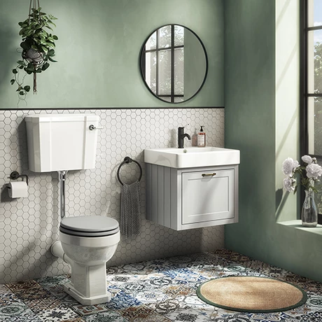 Chatsworth Wall Hung Grey Vanity With Brass Handle & Low Level Toilet 1 Chatsworth Wall Hung Grey Vanity With Brass Handle & Low Level Toilet