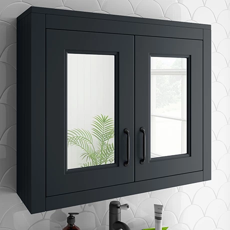 Chatsworth Graphite 2-Door Mirror Cabinet - 690mm Wide With Matt Black Handles 1 Chatsworth Graphite 2-Door Mirror Cabinet - 690mm Wide With Matt Black Handles