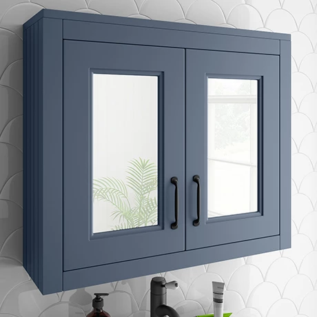Chatsworth Blue 2-Door Mirror Cabinet - 690mm Wide With Matt Black Handles 1 Chatsworth Blue 2-Door Mirror Cabinet - 690mm Wide With Matt Black Handles