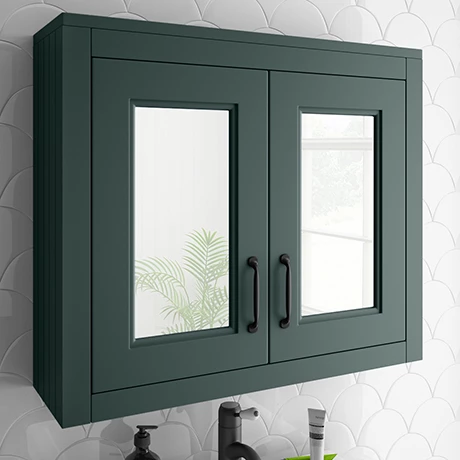 Chatsworth Green 2-Door Mirror Cabinet - 690mm Wide With Matt Black Handles 1 Chatsworth Green 2-Door Mirror Cabinet - 690mm Wide With Matt Black Handles