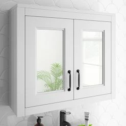 Chatsworth White 2-Door Mirror Cabinet - 690mm Wide With Matt Black Handles