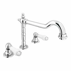 Chatsworth 1928 Traditional 3TH White Lever Deck Mounted Basin Mixer Tap With Curved Spout